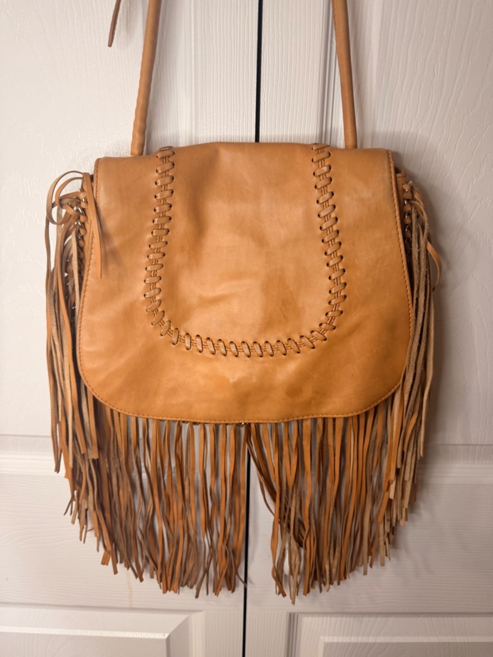 henri bendel Tan Leather Fringe Shoulder Bag with Whipstitch Detail